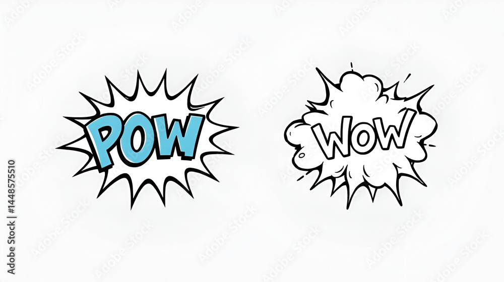 Fototapeta premium Comic boom cartoon effect line element set. Comic speech bubble pow, boom text, explosive splash smoke, wow cartoon vector icon. Hand drawn sketch doodle explosive element. Vector illustration.