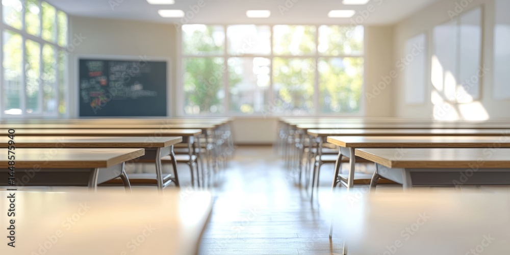 an empty classroom with many desks and windows and a chalkboard an empty classroom with many desks and windows and a chalkboard