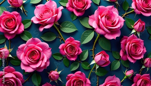 Bold fuchsia roses & buds, lush repeat pattern , background, rose pattern