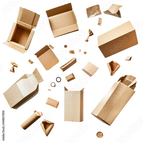 Recyclable Packaging Materials In Free Fall  isolated on a transparent backgroun