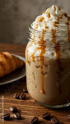 Iced coffee with caramel and croissant on rustic wooden table