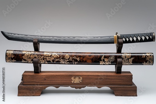 Elegant japanese katana sword on display stand with intricate floral design in scabbard