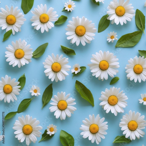 Daisies and green leaves scattered on a light blue background pattern view