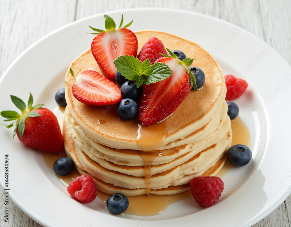 Fluffy Pancakes with Berries and Maple Syrup – Overhead Flatlay Fluffy Pancakes with Berries and Maple Syrup – Overhead Flatlay