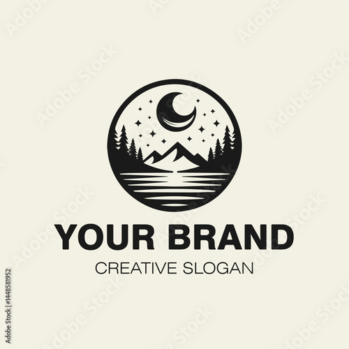 Nature logo on the theme of travel and tourism, monochrome vector illustration isolated on a light background.