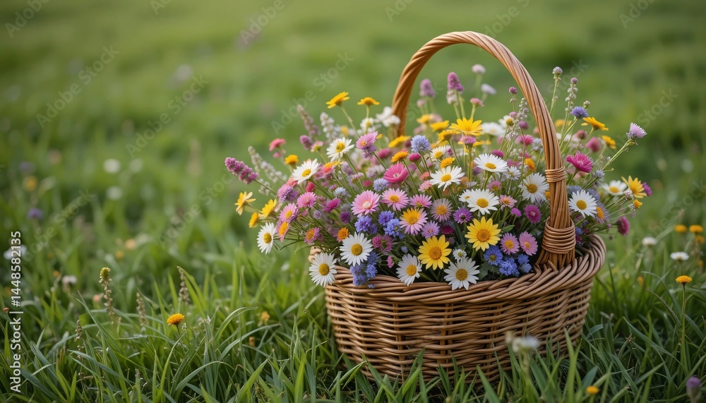 Woven Basket Filled with Colorful Wildflowers in a Meadow