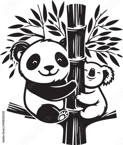 Cute Panda Family Embraces in Bamboo Forest. This black and white illustration showcases two adorable panda bears embracing, nestled beside a bamboo stalk.