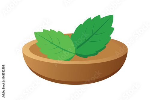 Fresh Mint Leaf in Wooden Bowl Isolated on White Background