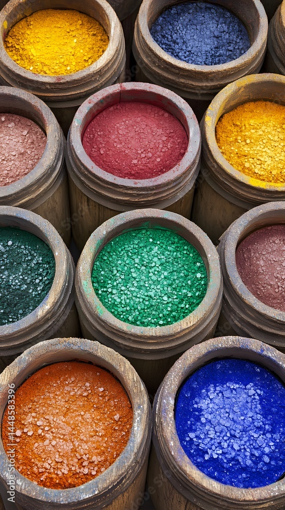 Naklejka premium Vibrant Colorful Powder Pigments in Wooden Jars