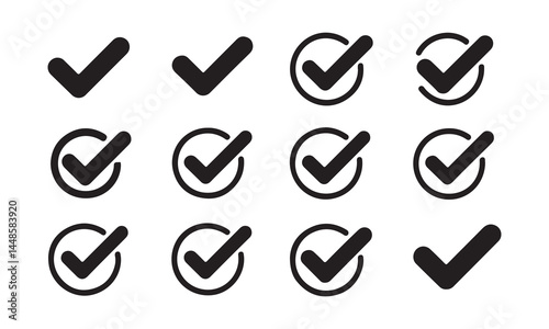 Checkmark icon. Checkmark vector set. Checked check box sign. Approved symbol. Isolated v check mark icon.