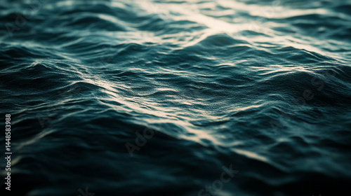 Fototapeta Naklejka Na Ścianę i Meble -  Close-up of dark teal water texture, showing gentle waves creating a tranquil appearance, symbolizing serenity, calmness, and depth