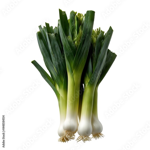 A group of four leeks are displayed against a white backdrop