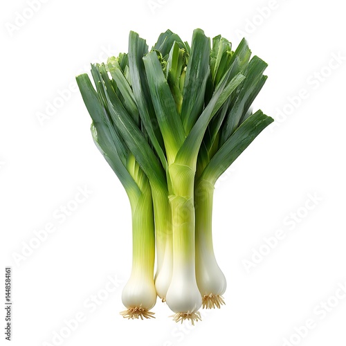 A group of four leeks are displayed against a white backdrop