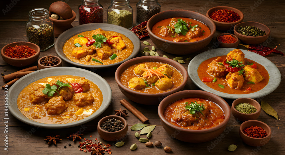 Assortment of flavorful Indian curries, presented with spices, ready to enjoy for a great meal.