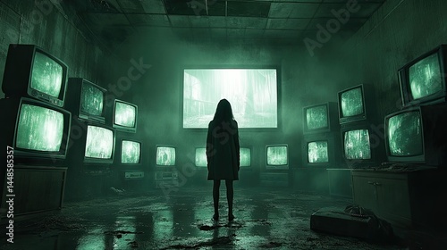 A lone figure stands in a room filled with old televisions, the screens displaying distorted images and a hazy green glow.