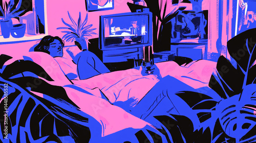 the image captures a scene of relaxation indoors, dominated by a bed with a person lying beneath a blanket. a feline rests comfortably on the person, adding a touch of domesticity