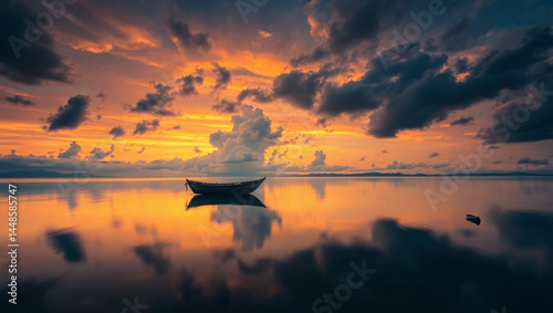 A serene sunset reflecting on calm waters with a small boat floating peacefully in the distance view scene created with generated ai