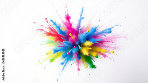 A burst of vibrant colors exploding outward in a dynamic splash on a clean white background scene here created with generated ai