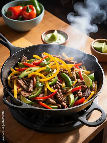 Steaming skillet of appetizing fajitas in bright indoor lighting