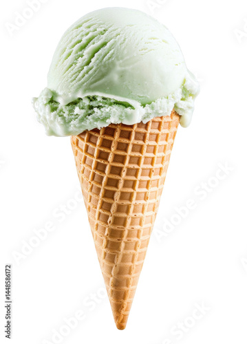 Mint or pistachio ice cream cone on transparent background – green scoop in crispy waffle, isolated PNG dessert for summer design, menu or packaging
