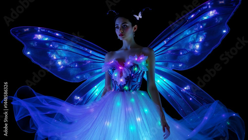 Woman in a glowing butterfly costume with illuminated wings and a tulle dress on a black background created with generated ai