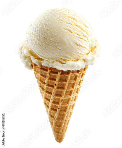 Vanilla or cream ice cream cone on transparent background – light scoop in waffle, isolated PNG dessert for summer menu, sweet food design or packaging