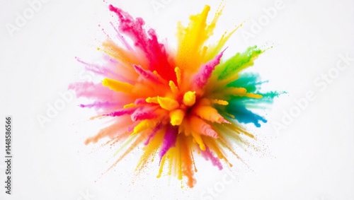Colorful explosion of powder paint creating a vibrant burst against a stark white background design element created with generated ai