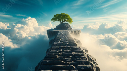 Stone staircase leading to a tree on a floating island amidst clouds under a blue sky landscape view created with generated ai
