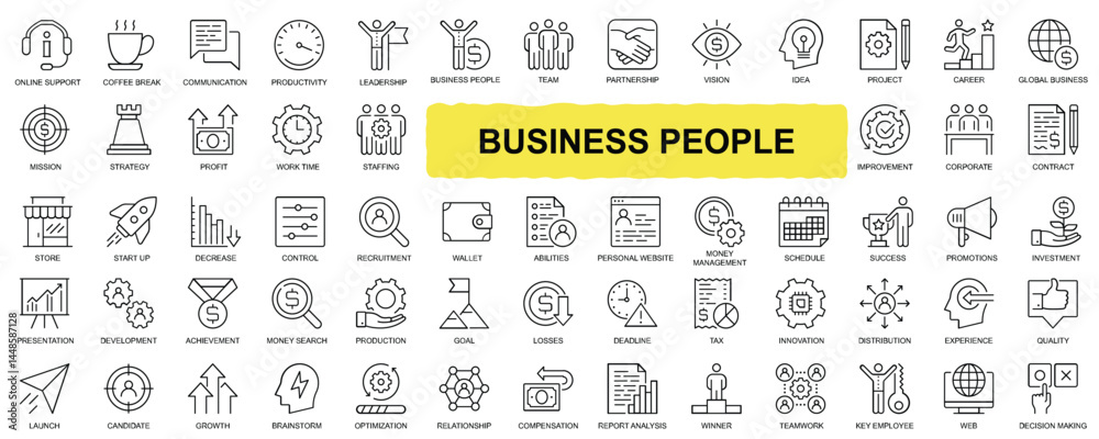Fototapeta premium Set of Business People, Human Resources, and Office Management – Editable Vector Icons Collection