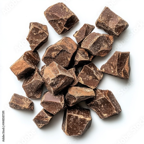 A scattered pile of dark chocolate chunks on a clean white background surface