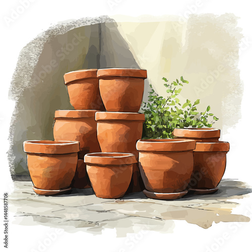 illustration of Collection Of Clay Pots Stacked Together, watercolor vector, isolated on a white background.