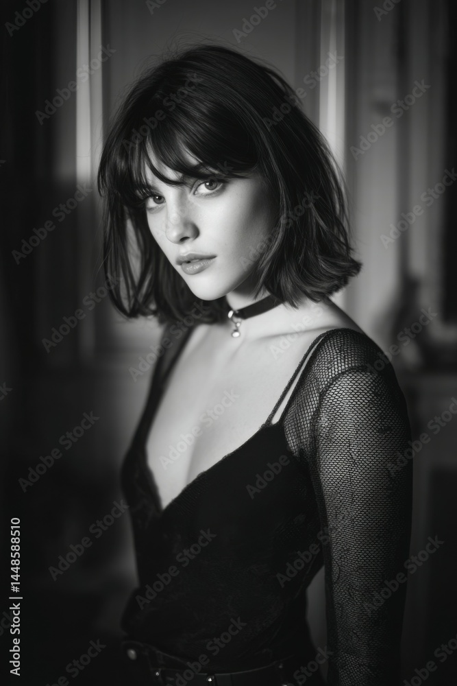 Naklejka premium A beautiful woman in a black chic dress and dark make-up posing in elegant room. Black and white fashion photography. Fashion. Style. 