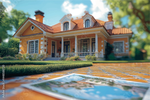 3D model of a cottage house. House design, country house. Two-storey cottage 3D model project. Sale and purchase of real estate, rent, real estate agency. Construction and design of houses.