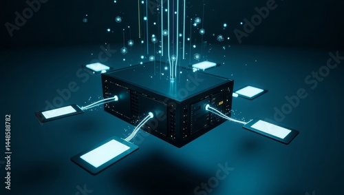 Central cloud server syncing with digital devices — perfect for secure data flow and cloud computing visuals photo