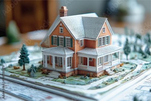 3D model of a cottage house. House design, country house. Two-storey cottage 3D model project. Sale and purchase of real estate, rent, real estate agency. Construction and design of houses.