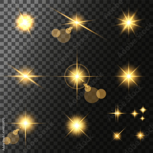 Lens Flare, light glow effect. sun or realistic shining star with backlight effect. bokeh glitter and sparkles or sparkles on transparent background.