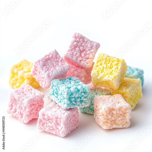 Close up of a pile of colorful square marshmallows on a white background
