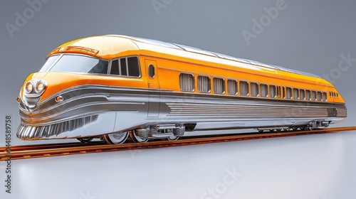 A retro-styled passenger train, with a streamlined design, is shown against a light grey background.  The train is painted in a classic yellow and silver scheme. photo