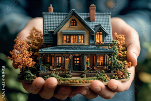 3D model of a cottage house. House design, country house. Two-storey cottage 3D model project. Sale and purchase of real estate, rent, real estate agency. Construction and design of houses.