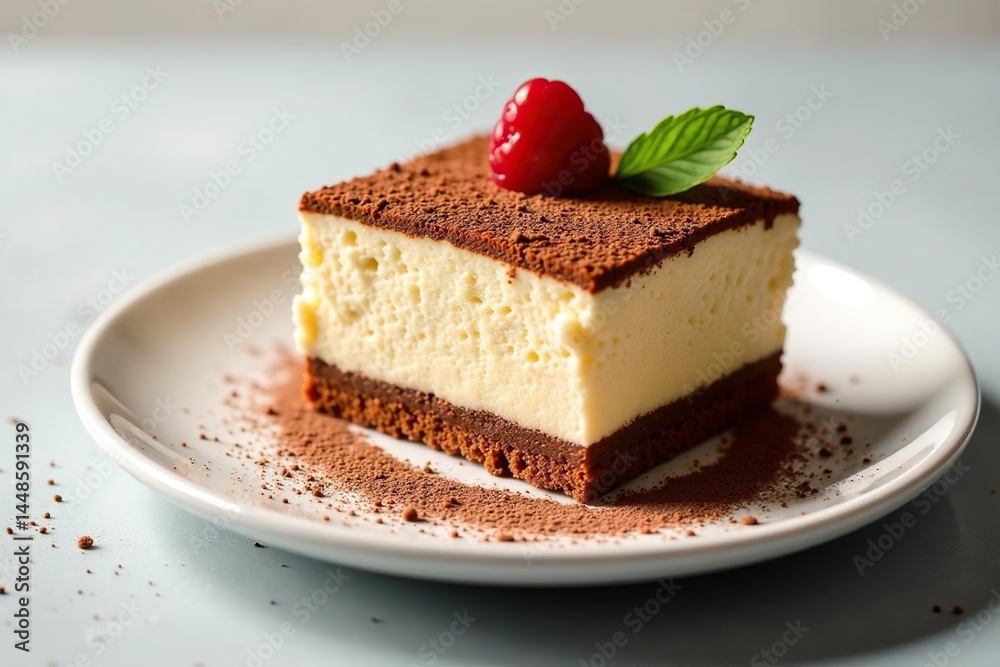 Single serving tiramisu, cocoa dusted, elegant , high-resolution, white background