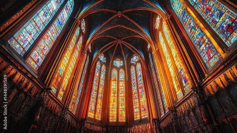Obraz premium Intricate stained glass windows illuminating a cathedral interior.