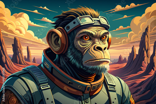 Monkey astronaut exploring the surface of Mars, wearing a space suit and surrounded by red rocky terrain and alien landscapes, perfect for sci-fi