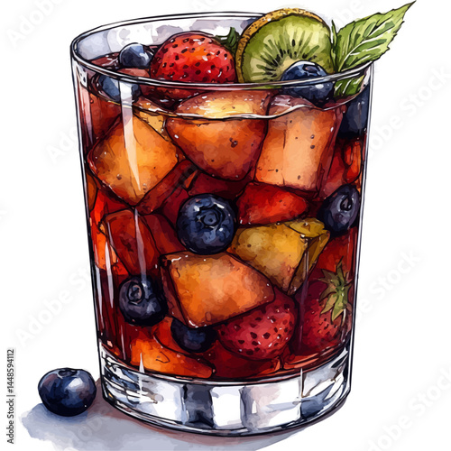 watercolor of Cold Fruit Punch In A Glass, vector, isolated on a white background.