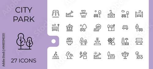City Park simple icon set. Minimalist linear icons. Includes symbols for park, infrastructure, house, playground, city. Editable vector. Infrastructure icon set.