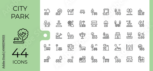 City Park simple icon set. Minimalist linear icons. Includes symbols for park, infrastructure, house, playground, city. Editable vector. Infrastructure icon set.