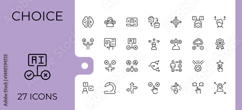 Choice icon set. Select icon set. Outline icons collection. Contain linear sign selection, direction, choose, alternative, decision and more. Editable stroke vector art.