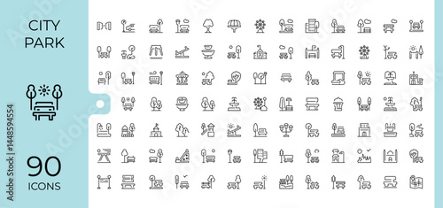 City Park simple icon set. Minimalist linear icons. Includes symbols for park, infrastructure, house, playground, city. Editable vector. Infrastructure icon set.