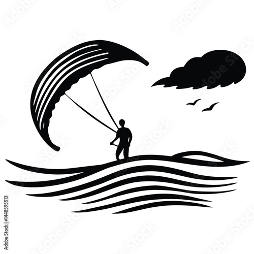 Kitesurfing Silhouette Ocean Waves, Kiteboarding, Extreme Water Sports