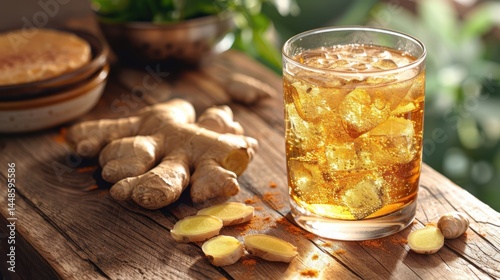 Refreshing ginger beer in a rustic setting captures the essence of summer vibes and natural ingredients