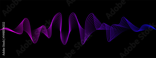 Abstract fluent wavy dots lines of the sound wave. Dynamic pulsating wave. Musical neon concept, symbols of the frequency of digital music. Vector illustration on a black background